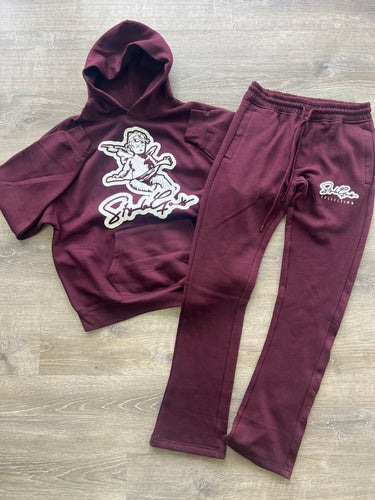 StyleGods Angel Stacked Pullover Jogging Suit - Maroon\White