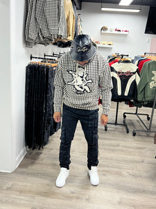 StyleGods Chenille Angel  Houndstooth Hoodie - White/Black